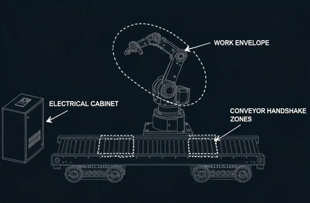 Planning illustration of a robot cell envelope and interface zones, not a real office map