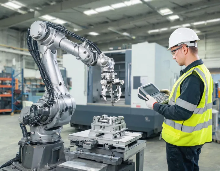 Six-axis industrial robot arm approaching a machine fixture with gripper and cable dress pack